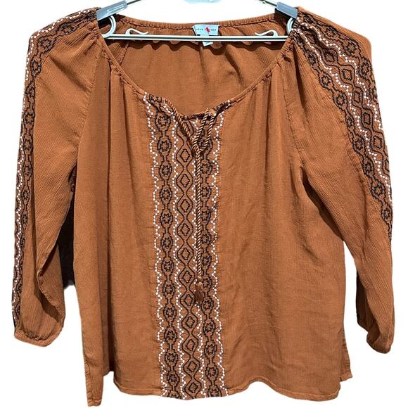 Susan Graver Womens Tunic Top Plus 2X Petite Brown Boho Long Sleeve Bohemian - Picture 1 of 7